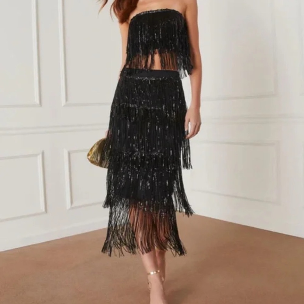 Vici Black Fringe Midi Skirt